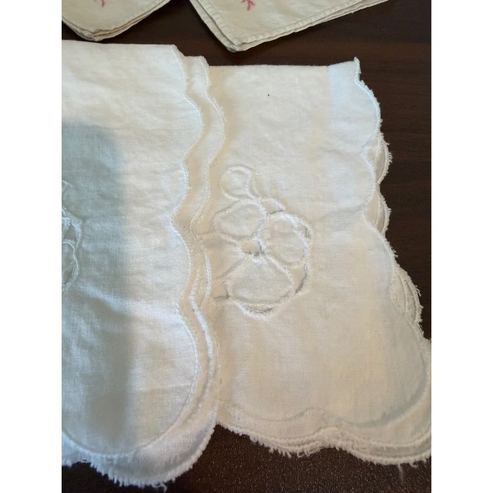 Vintage Hand Embroidered Linen Napkin Set Pink Floral Scalloped White 7pc Mixed